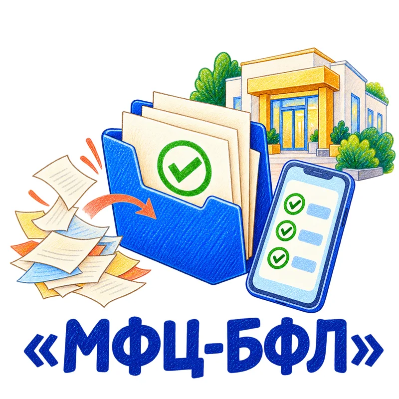 МФЦ-БФЛ: разрозненные бумаги собраны в папку, рядом анкета на телефоне и здание МФЦ