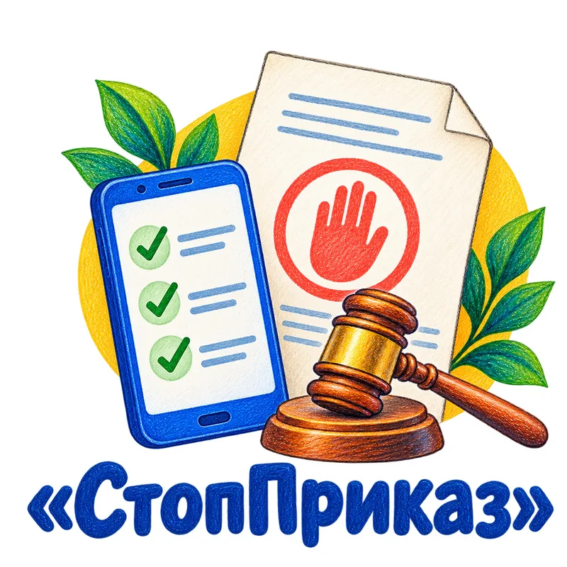 СтопПриказ: судебный документ, знак остановки, судейский молоток и анкета на телефоне