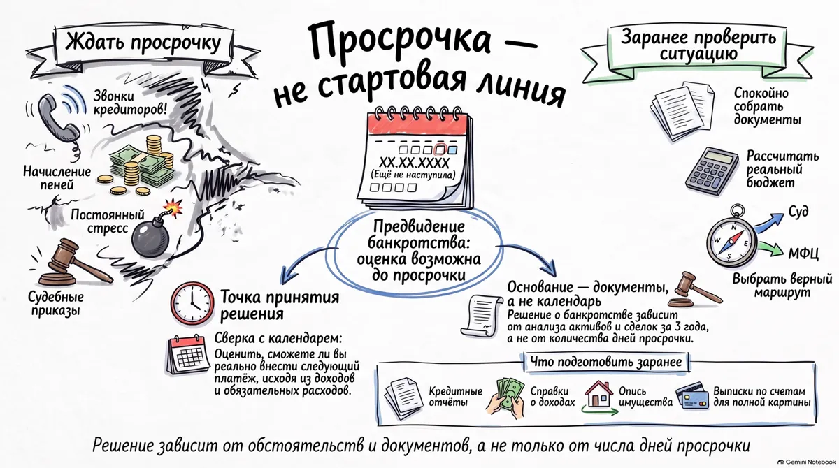 Инфографика «Просрочка — не стартовая линия»: слева — последствия ожидания просрочки, в центре — точка принятия решения, справа — проверка ситуации заранее