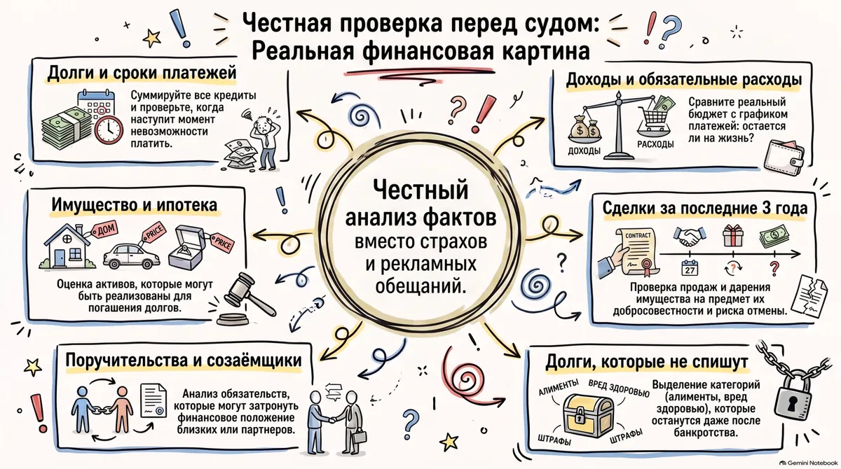 Инфографика «Честная проверка перед судом»: шесть направлений — долги и сроки, доходы и расходы, сделки за три года, долги без списания, поручительства, имущество и ипотека