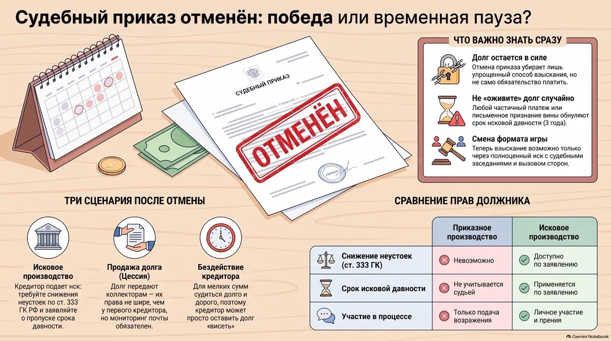 Судебный приказ со штампом «ОТМЕНЁН» на столе, рядом календарь и монеты