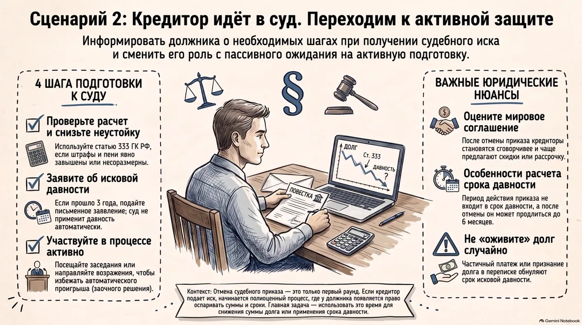 Человек готовится к судебному иску: повестка, документы, ноутбук с графиком долга