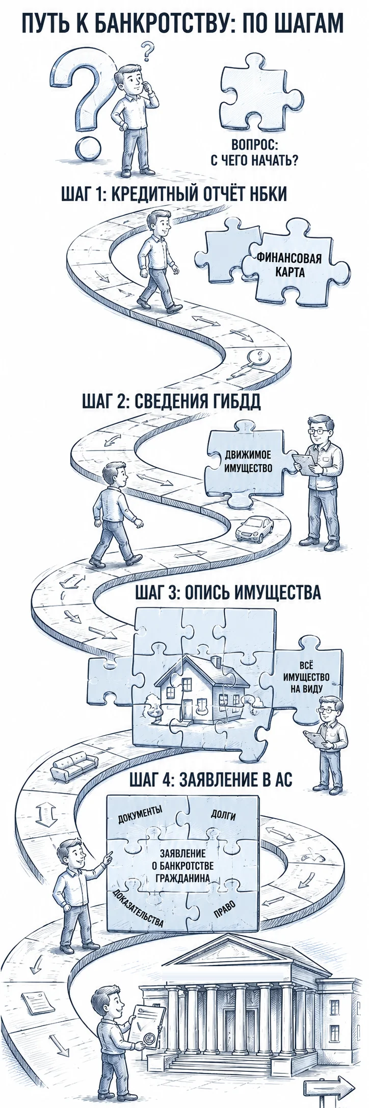 Путь к банкротству по шагам: кредитный отчёт, сведения ГИБДД, опись имущества, заявление в Арбитражный суд